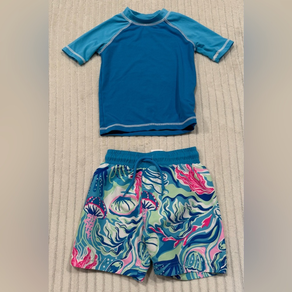 Tommy Bahama Blue Rash Guard and Colorful Swim Shorts Set size 2T